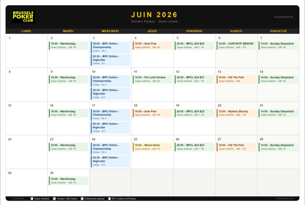 Calendrier Poker – Juin 2026 au Brussels Poker Club